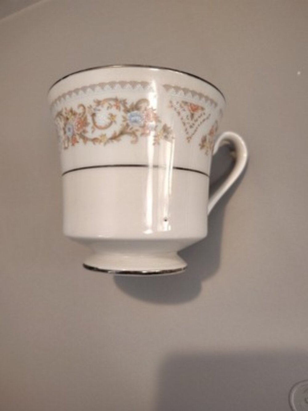 3" Tall Cup HP Pink, Dusted Blue On Lace Porcelain China With Silver
